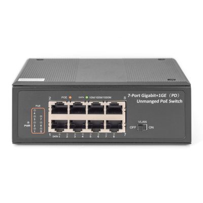 4. Switch przemysłowy 7-portowy Gigabit PoE+ z 1x PD, IEEE802.3af/at, DIN rail, rozszerzony zakres temp.