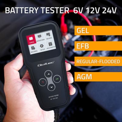 2. Qoltec Cyfrowy tester akumulatora 3w1 z LCD Polskie Menu 6V 12V 24V 10Ah-200Ah