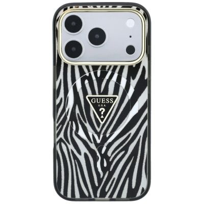 3. Etui Guess IML Zebra Glitter Triangle Logo MagSafe na iPhone 18 Pro / 17 Pro - srebrne
