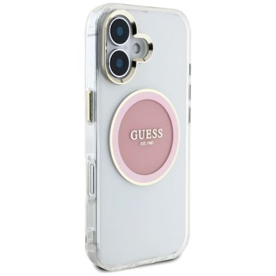 4. Etui Guess IML Metal Colored Circle Classic Logo MagSafe na iPhone 16 - różowe