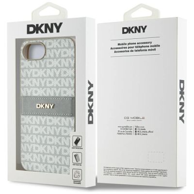 8. Etui DKNY Repeat Texture Pattern with Tonal Stripe na iPhone 16e - beżowe