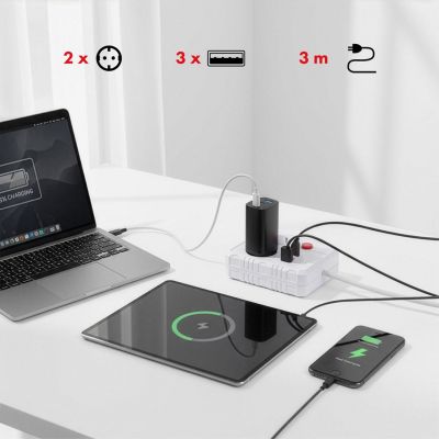 8. MACLEAN LISTWA ZASILAJĄCA, PRZEDŁUŻACZ 2 GNIAZDA + 3XUSB, 110-240V AC 50/60HZ, 2.1A MAX 2500W, 3 M, BIAŁA MCE388 W