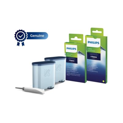 5. Zestaw akcesoriów do czyszczenia ekspresów Philips CA6707/10 (2 wkłady filtra AquaClean, 6 saszetek ze środkiem do czyszczenia obiegu mleka, 6 tabletek do usuwania oleju kawowego, Smar)