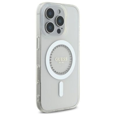 4. Etui Guess IML Rhinestones MagSafe na iPhone 16 Pro - białe