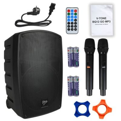 V-TONE BQ12 GO MP3 - Kolumna aktywna akumulatorowa czarna, Bluetooth, TWS, USB, SD, DSP, AUX, pilot na podczerwień, 2x mikrofon bezprzewodowy, wysuwana rączka, kółka transportowe zestaw