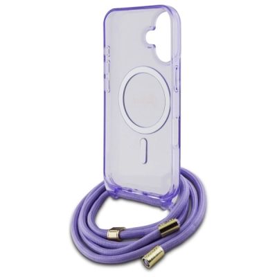6. Etui Guess Crossbody Cord Script MagSafe na iPhone 16 - fioletowe
