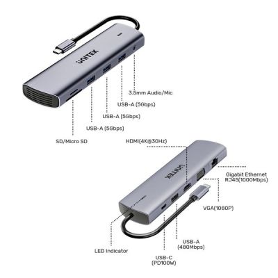 15. UNITEK D1113BGY01 huby i koncentratory 2 x USB 3.2 Gen 2 (3.1 Gen 2) Type-C 1000 Mbit/s Szary