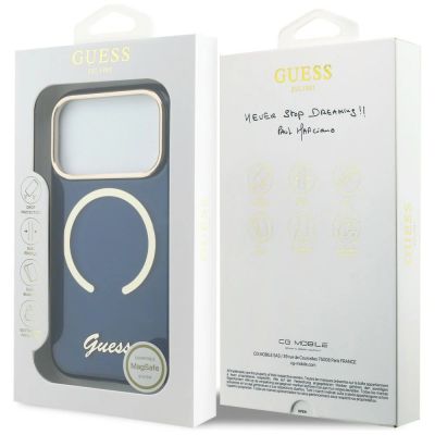 8. Etui Guess IML Script Metal MagSafe na iPhone 17 Pro - niebieskie