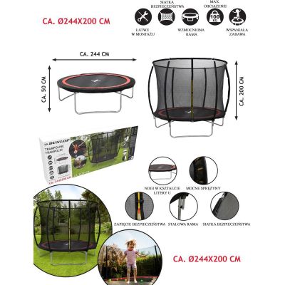 9. TRAMPOLINA DUNLOP PREMIUM Z SIATKĄ WEWNĘTRZNĄ fi244cm