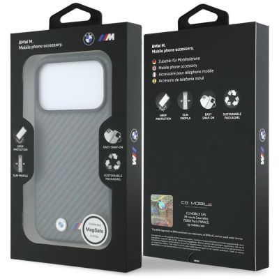 8. Etui BMW M Carbon Metal Logo MagSafe na iPhone 17 Pro / 18 Pro - szare