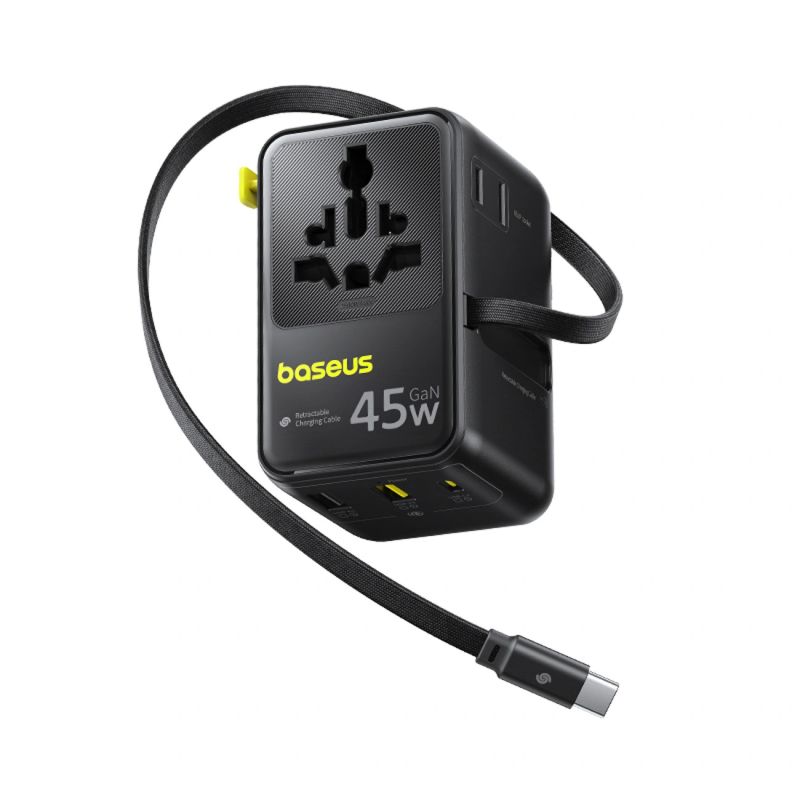 Adapter podróżny Baseus PicoGo AG11 45W 6w1 ze zwijanym kablem USB-C - czarny