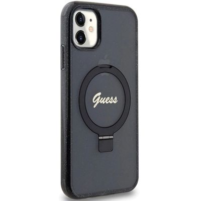 4. Etui Guess Ring Stand Script Glitter MagSafe na iPhone 11 / Xr - czarne