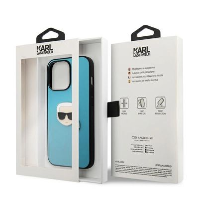 8. Etui Karl Lagerfeld Leather Ikonik Karl's Head Metal na iPhone 13 Pro Max - niebieskie