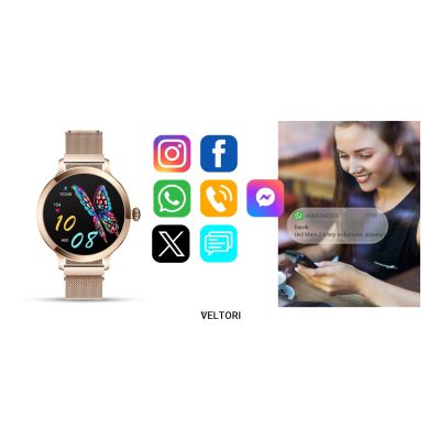 19. Smartwatch Damski VELTORI VT340-1 Złota Bransoleta + Różowy Pasek Silikonowy