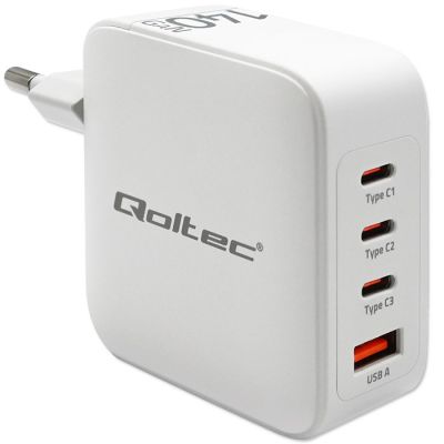 Qoltec Ładowarka sieciowa 140W GaN  | 5-20V | 2.5-5A | 3 x USB-C PD | 1 x USB QC 3.0 | Biała