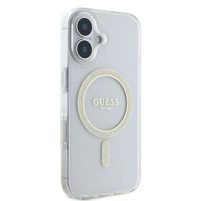 4. Etui Guess IML Glitter Circle MagSafe na iPhone 16 - przezroczyste