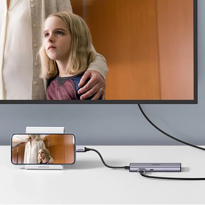 16. Adapter Ugreen CM512 90568 USB-C - 2x USB-A 3.0 / HDMI / RJ45 / czytnik kart SD i TF / USB-C PD 100W - szary