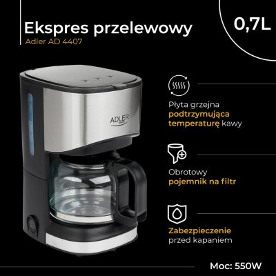 12. Ekspres przelewowy Adler AD 4407 (550W; kolor czarny)