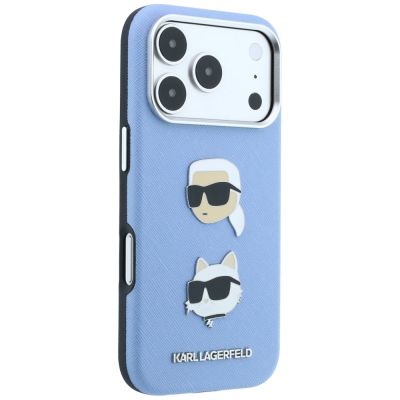 4. Etui Karl Lagerfeld Saffiano with Karl & Choupette Heads Pins & Logo na iPhone 18 Pro / 17 Pro - jasnoniebieskie