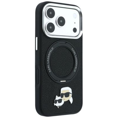 4. Etui Karl Lagerfeld with Ring Stand 360 Karl & Choupette Heads Pin MagSafe na iPhone 18 Pro Max / 17 Pro Max - czarne