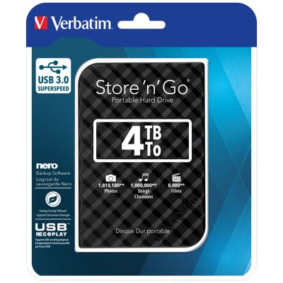 4. Verbatim Przenośny dysk twardy Store 'n' Go USB 3.0 Portable Hard Drive 4 TB — czarny