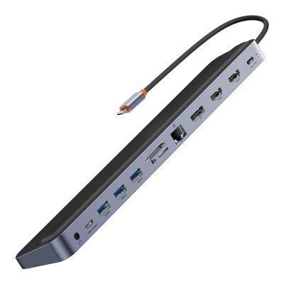 2. Baseus EliteJoy Gen2 uniwersalny HUB USB 12w1 z kablem USB-C 25cm podstawka pod notebook USB-A / USB-C / DP / HDMI / SD / TF / RJ45 / 3,5mm jack / PD 100W szary (WKSX030213)