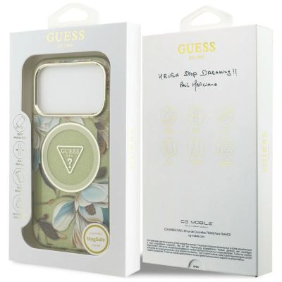 8. Etui Guess IML Glitter Flowers Triangle MagSafe na iPhone 18 Pro Max / 17 Pro Max - zielone