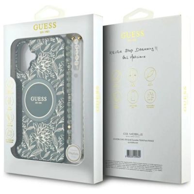 7. Etui Guess IML Flowers Allover Electro With Pearl Strap MagSafe na iPhone 16 - zielone