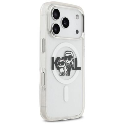 4. Etui Karl Lagerfeld IML Glitter Karl & Choupette Sketch Logo MagSafe na iPhone 17 Pro - przezroczyste