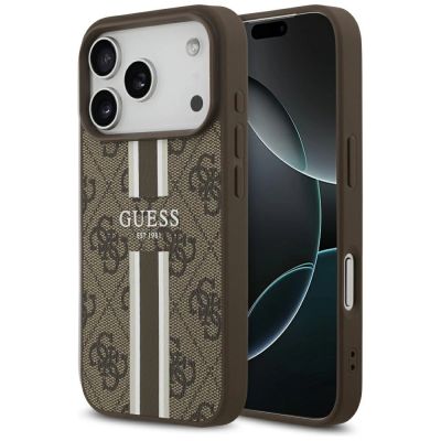 Etui Guess 4G Printed Stripes MagSafe na iPhone 17 Pro - brązowe