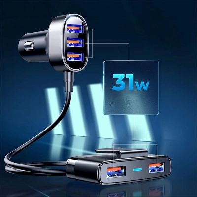 3. Joyroom szybka ładowarka samochodowa 5x USB 6,2 A z przedłużaczem czarny (JR-CL03)