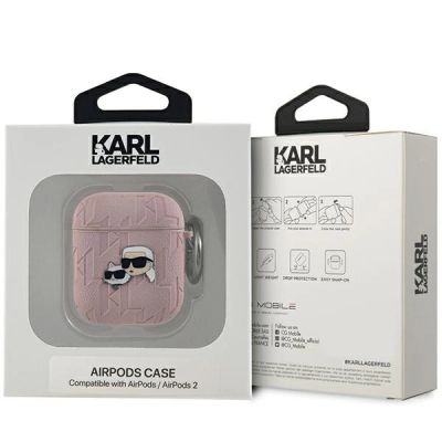 3. Etui Karl Lagerfeld Monogram Karl & Choupette Head na AirPods 1 / 2 - różowe