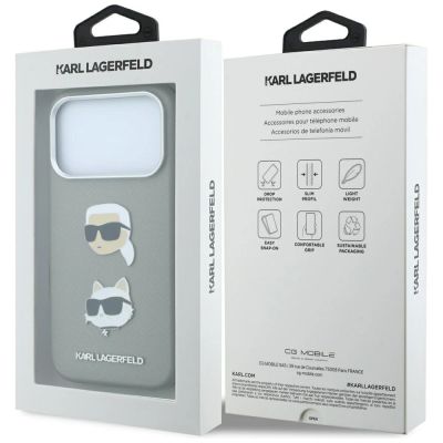 8. Etui Karl Lagerfeld Saffiano with Karl & Choupette Heads Pins & Logo na iPhone 18 Pro / 17 Pro - szare