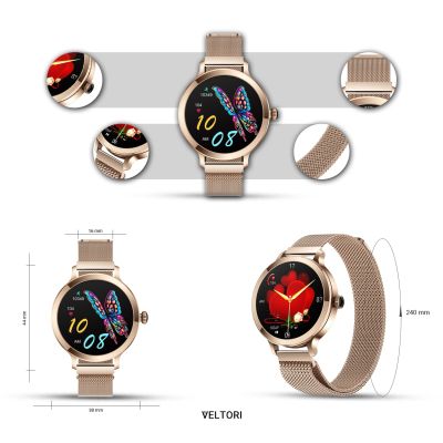 15. Smartwatch Damski VELTORI VT340-1 Złota Bransoleta + Różowy Pasek Silikonowy