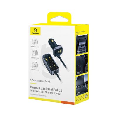 5. Ładowarka samochodowa Baseus BackseatPal L1 110W 3 x USB-A + 3 x USB-C z przedłużaczem 1,5 m - czarna