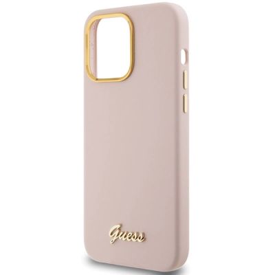 6. Etui Guess Silicone Script Metal Logo & Frame na iPhone 15 Pro - różowe