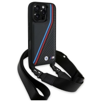 3. Etui BMW M Edition Carbon Tricolor Lines & Strap na iPhone 16 Pro - czarne