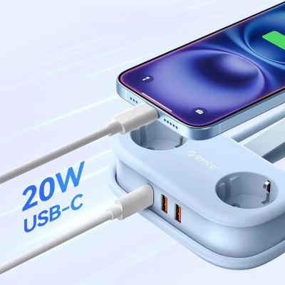 2. Listwa zasilająca Orico AP3 20W GaN 5w1 2x AC + 2x USB-A + 1x USB-C - niebieska