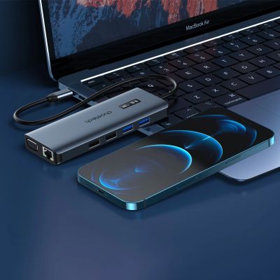 4. Choetech HUB wielofunkcyjny z wyświetlaczem 12w1 USB-C do 1xUSB-C/4xUSB-A/2xHDMI/1xVGA/1xAUX/czytnik kart pamięci szary (HUB-M26)
