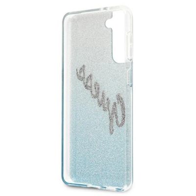 7. Etui Guess Glitter Gradient Script na Samsung Galaxy S21+ - niebieskie