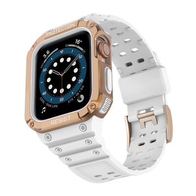 2. Pasek z etui ochronnym Protect Strap Band do Apple Watch 38 / 40 / 41 mm opaska obudowa pancerna - biały, różowe złoto