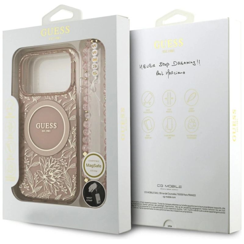 8. Etui Guess IML Flowers Electro Pearl Strap MagSafe do iPhone 17 Pro - różowe