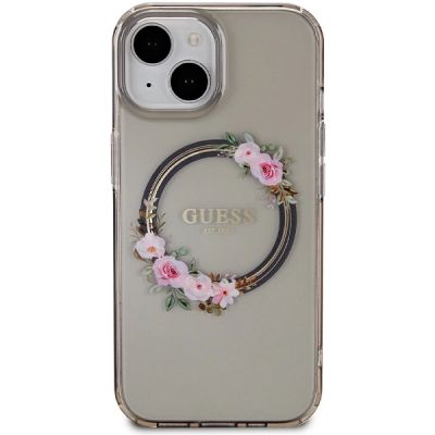 3. Etui Guess IML Flowers Wreath MagSafe na iPhone 15 / 14 / 13 - czarne