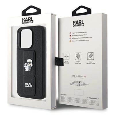 9. Etui Karl Lagerfeld Gripstand Saffiano Karl&Choupette Pins na iPhone 14 Pro - czarne