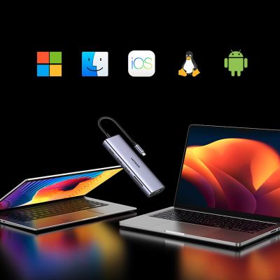 11. Hub Ugreen USB-C 10w1 USB-C HDMI Ethernet USB-A 5GB/s SD/TF minijack- szary