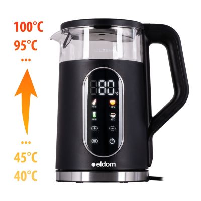 12. ELDOM CZAJNIK BEZPREWODOWY Z REGULACJĄ TEMPERATURY C560 NUVIA 2000W 1,7 L ,WYŚWIETLACZ LED , REGULACJE TEMPERATURY WODY