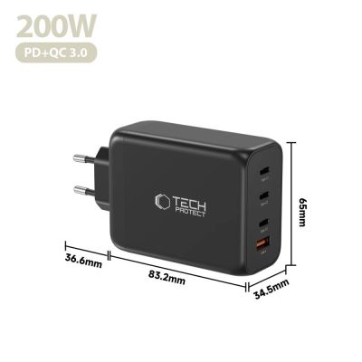 5. Ładowarka sieciowa Tech-Protect NC200W-GaN 4-Porty 200W - czarna
