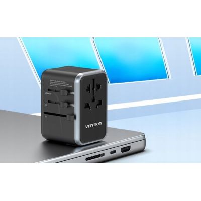12. Uniwersalny adapter podróżny z ładowarką Vention 65W GaN 2x USB-A 2x USB-C czarny