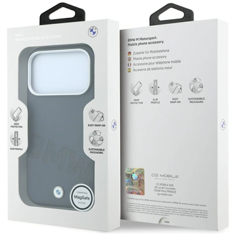 8. Etui BMW Sign Inclined Deboss Letters MagSafe na iPhone 17 Pro / 18 Pro - szare