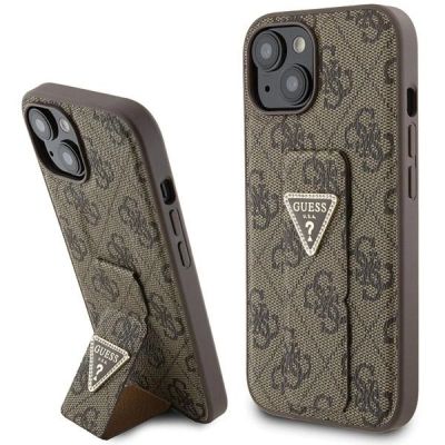 Etui Guess Grip Stand 4G Triangle Strass na iPhone 15 - brązowe